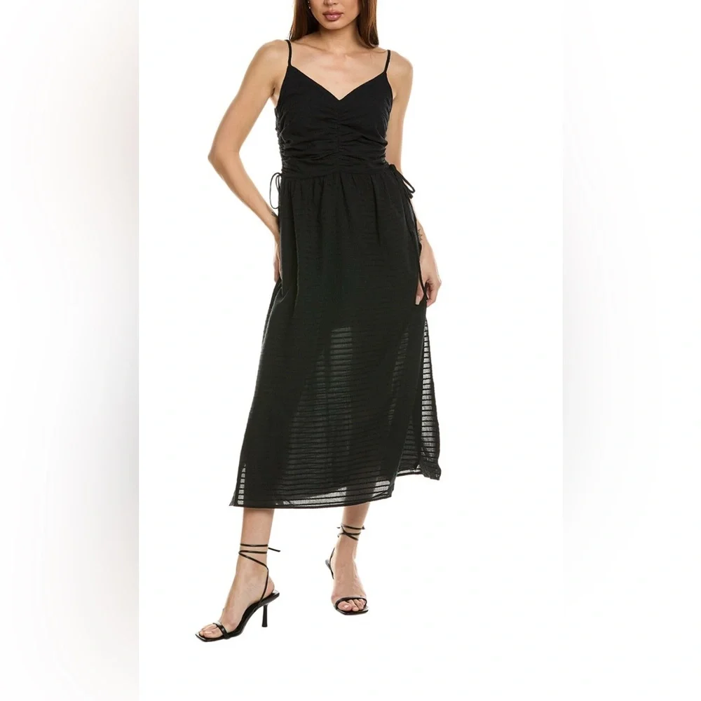 Nation LTD Black Rooshed Cotton/Linen Dress with side slit and pockets Size M - Picture 3 of 15